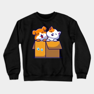 Cute Dog And Cute Cat Playing In Box Cartoon Crewneck Sweatshirt